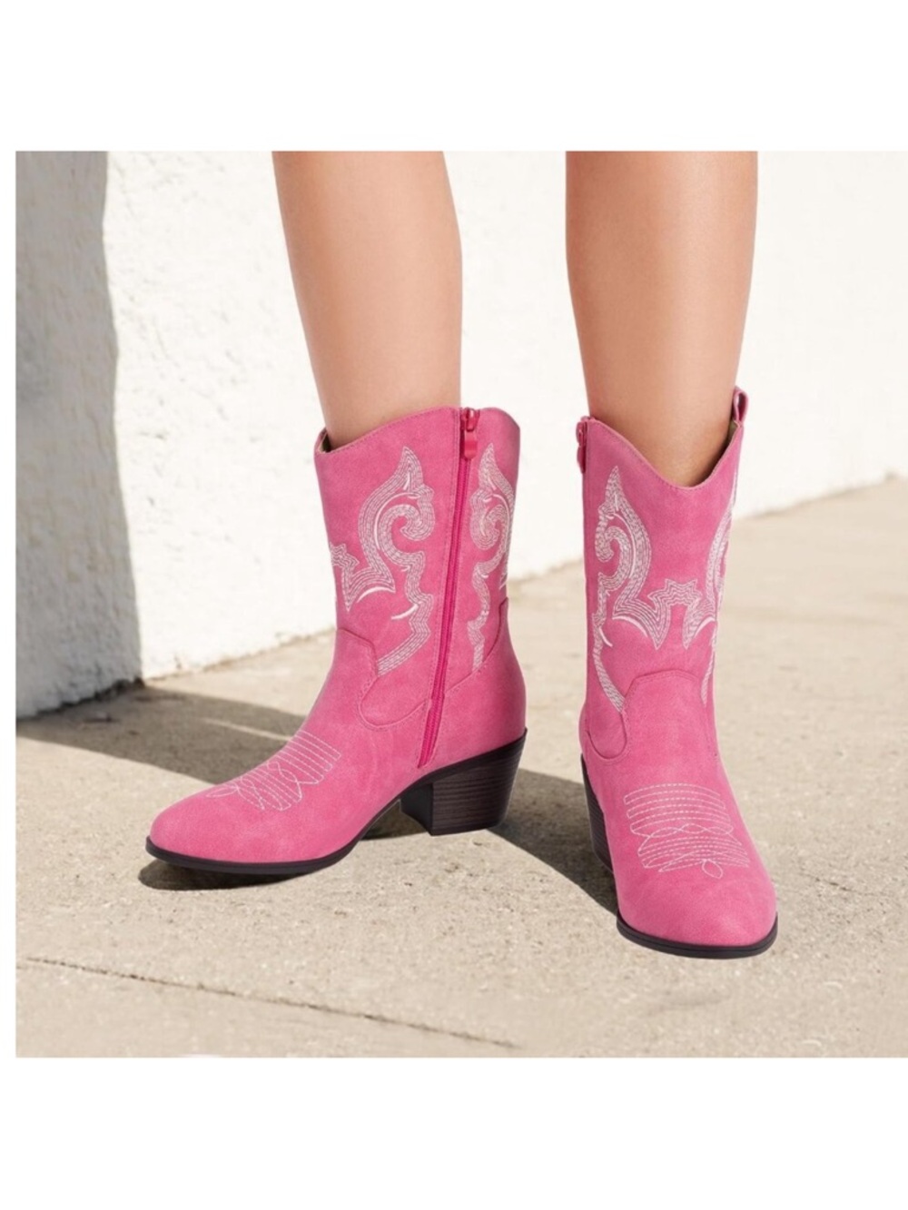 Women Pink Suede leather Embroidered Country Heel Pointed Toe Cowgirl Boots - Picture 6 of 8